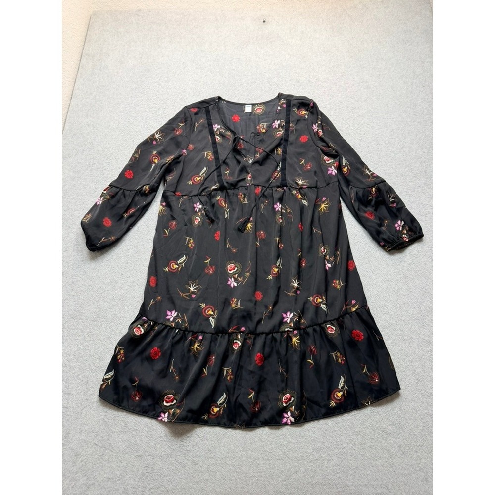 Old Navy Black Floral Boho Mini Dress Long Sleeve Tassel Tie Velvet Trim Large